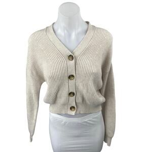 BP. Beige Tan Khaki Long Sleeve V Neck Button Up Crop Cardigan Sweater Top XS